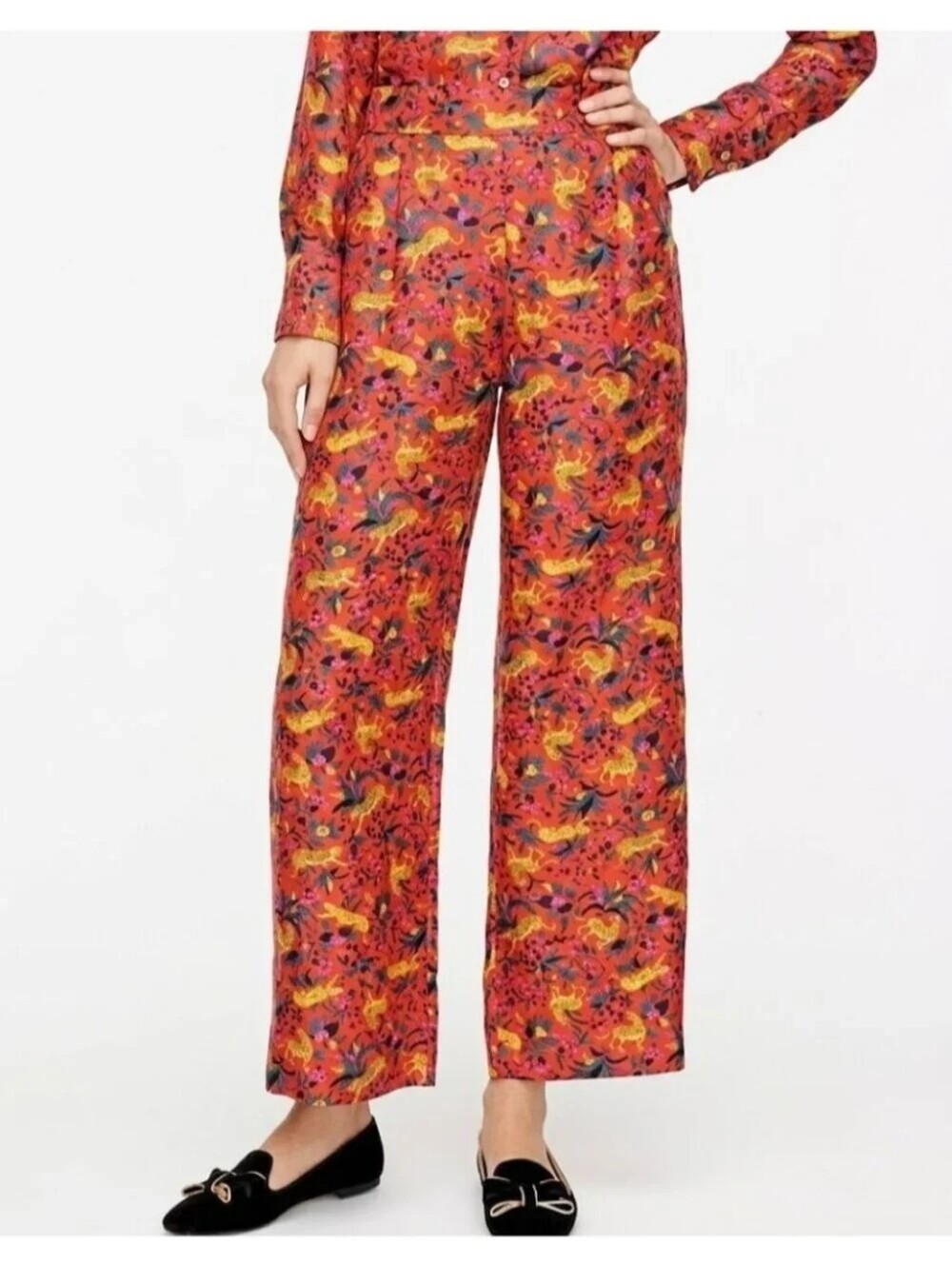 J.Crew Collection Silk Twill Pull-on Pant in Cerise Jungle Cat Floral Size 18